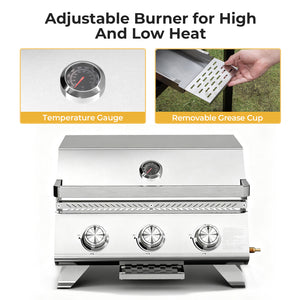 R.W.FLAME 3 Burner Tabletop Propane Gas Grill Stainless Steel Portable Outdoor BBQ Grill with Griddle