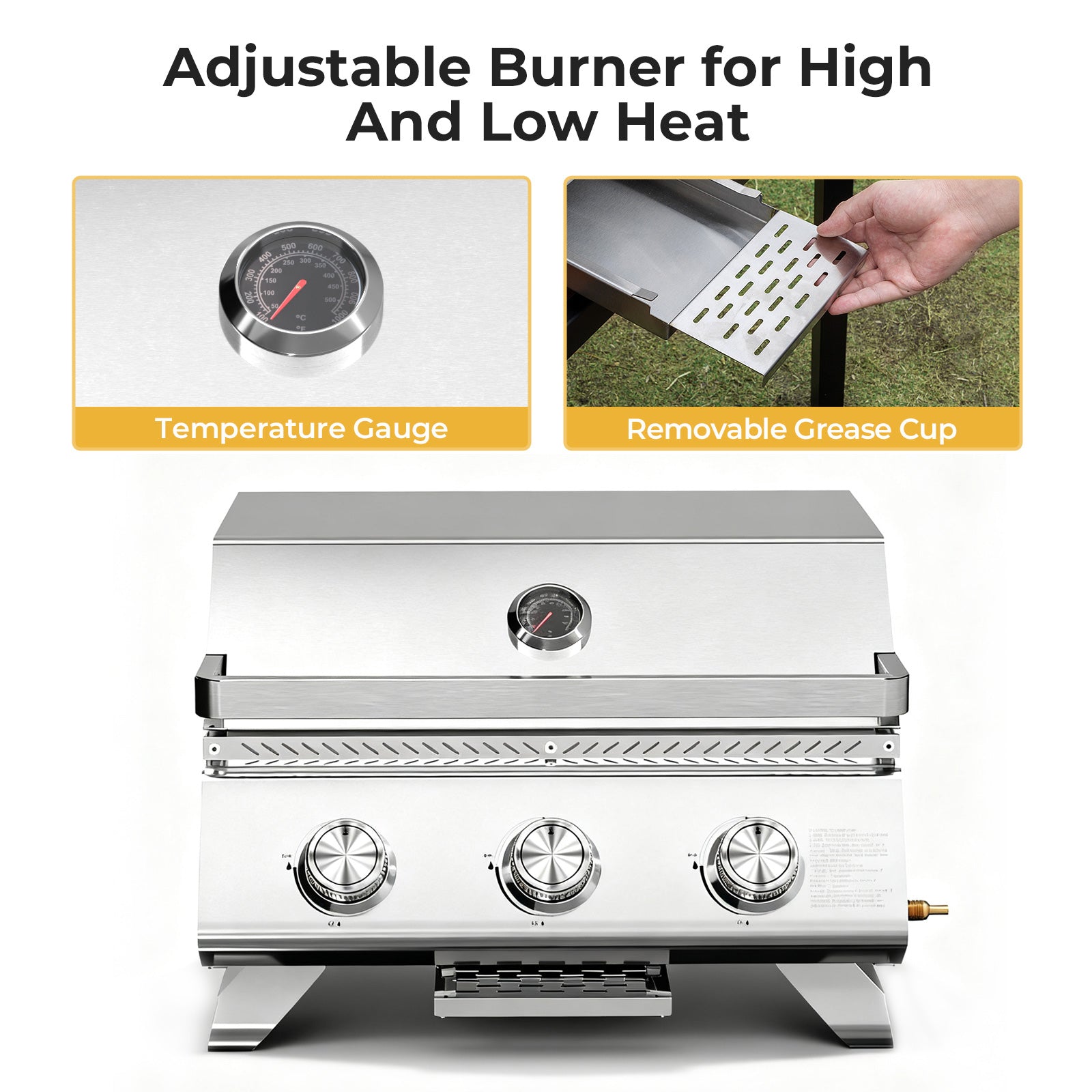 R.W.FLAME 3 Burner Tabletop Propane Gas Grill Stainless Steel Portable Outdoor BBQ Grill with Griddle