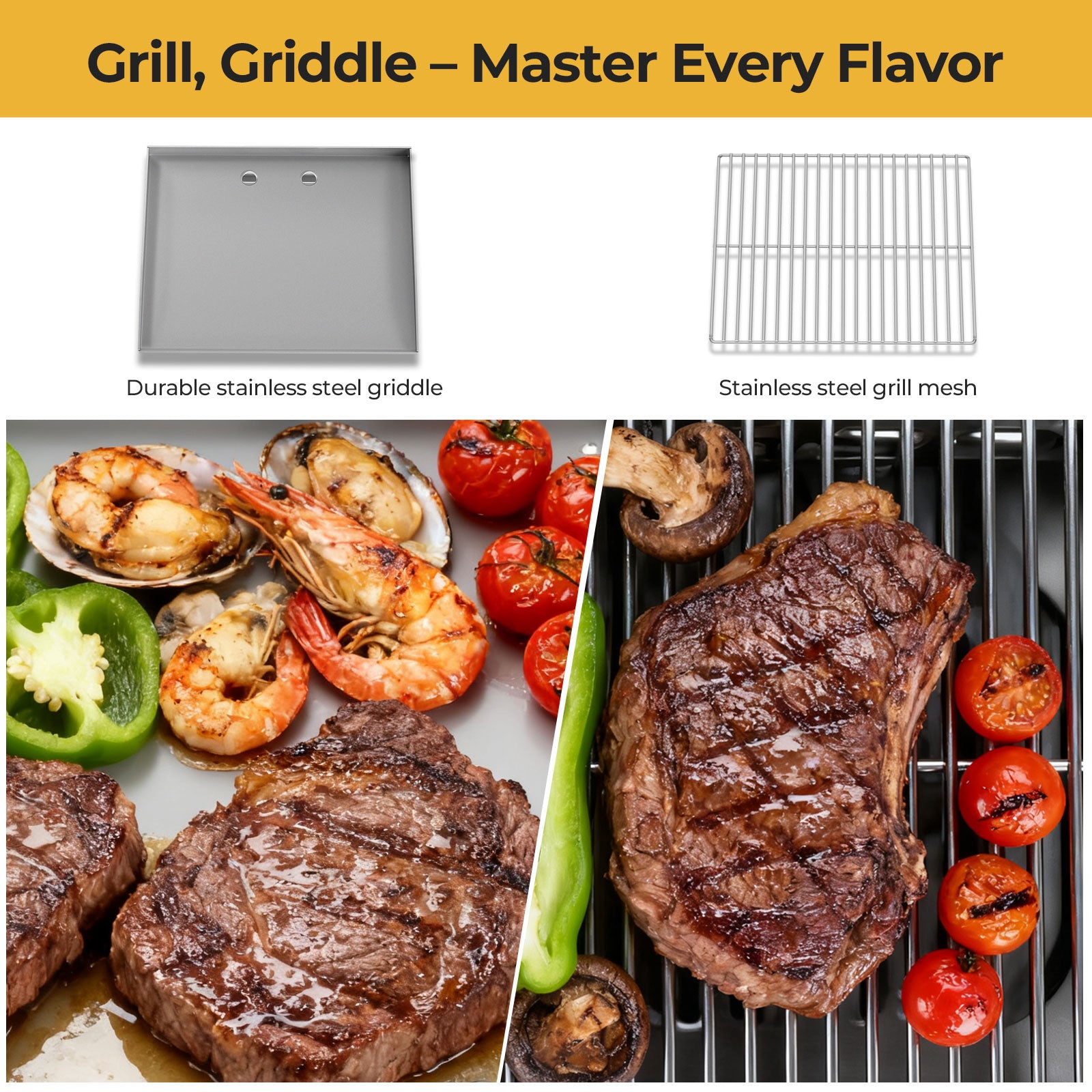 R.W.FLAME 3 Burner Tabletop Propane Gas Grill Stainless Steel Portable Outdoor BBQ Grill with Griddle