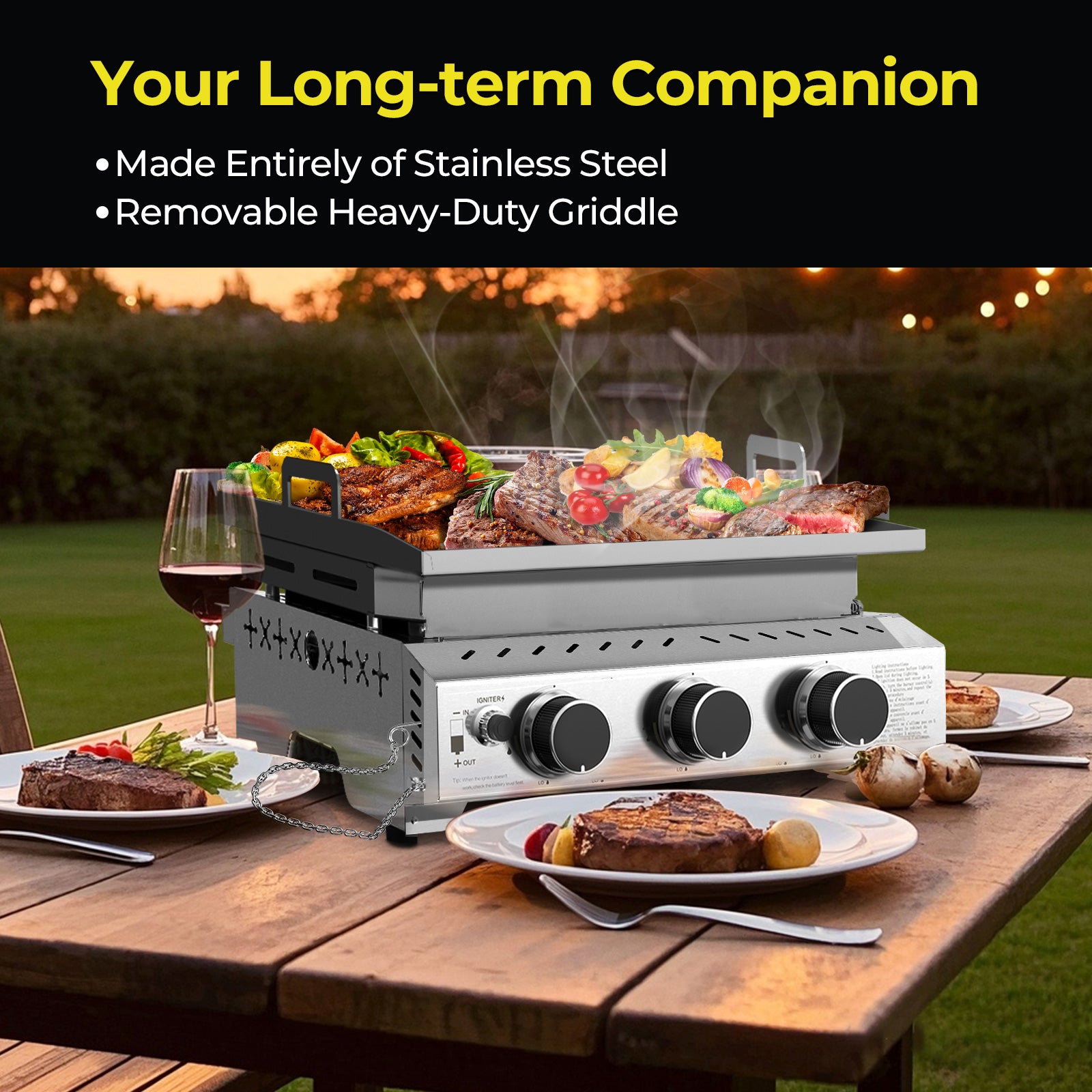 R.W.FLAME 3-Burner 24000 BTU Stainless Steel Tabletop Gas Gril for BBQ Camping Picnic