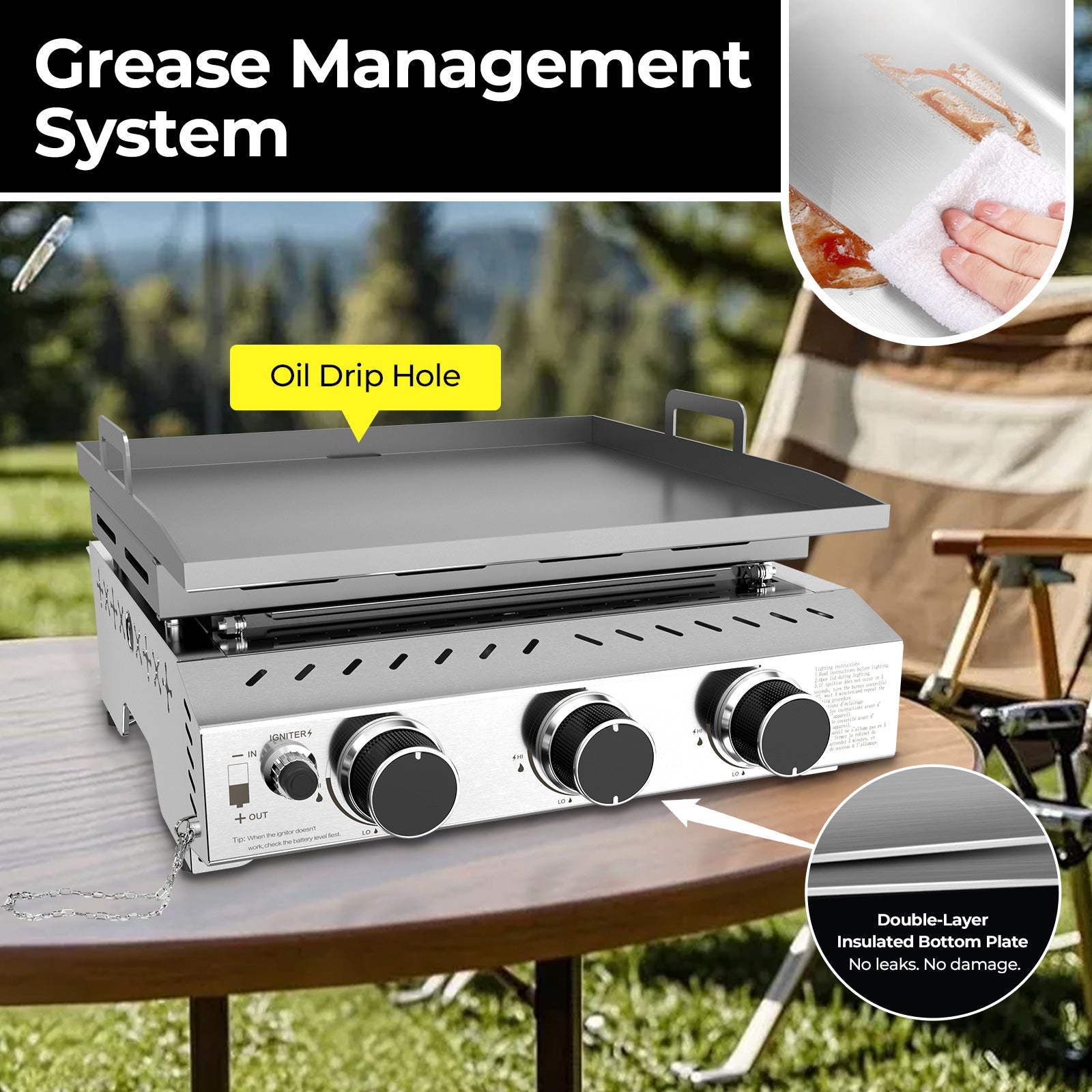 R.W.FLAME 3-Burner 24000 BTU Stainless Steel Tabletop Gas Gril for BBQ Camping Picnic