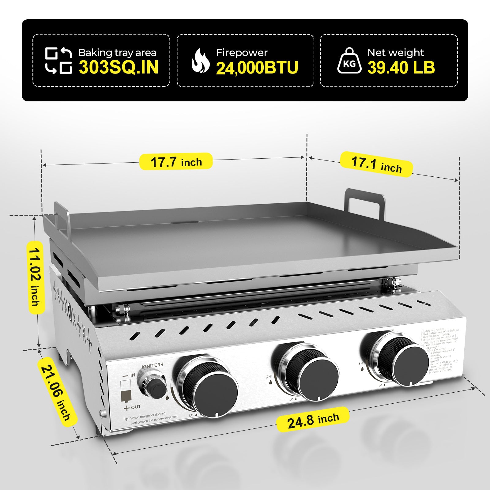 R.W.FLAME 3-Burner 24000 BTU Stainless Steel Tabletop Gas Gril for BBQ Camping Picnic