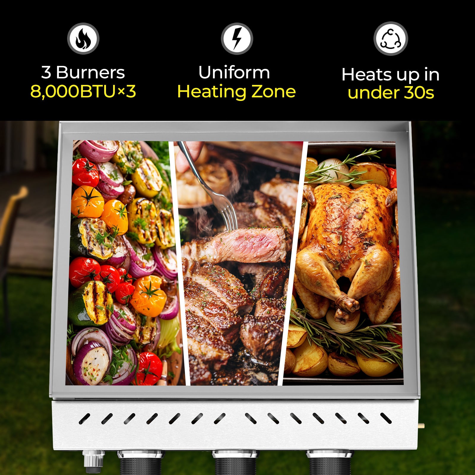 R.W.FLAME 3-Burner 24000 BTU Stainless Steel Tabletop Gas Gril for BBQ Camping Picnic