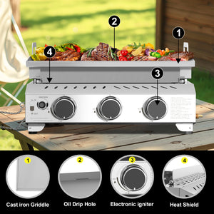R.W.FLAME 3-Burner 24000 BTU Stainless Steel Tabletop Gas Gril for BBQ Camping Picnic