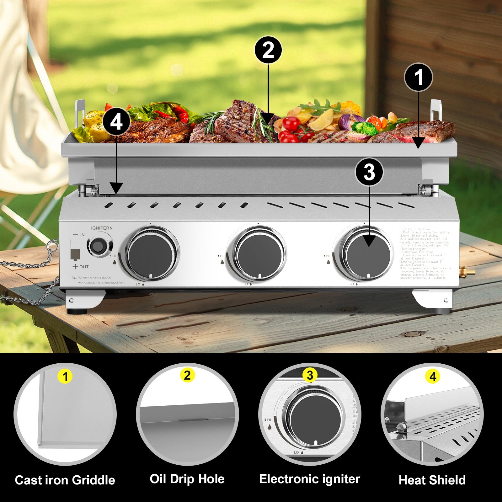 R.W.FLAME 3-Burner 24000 BTU Stainless Steel Tabletop Gas Gril for BBQ Camping Picnic