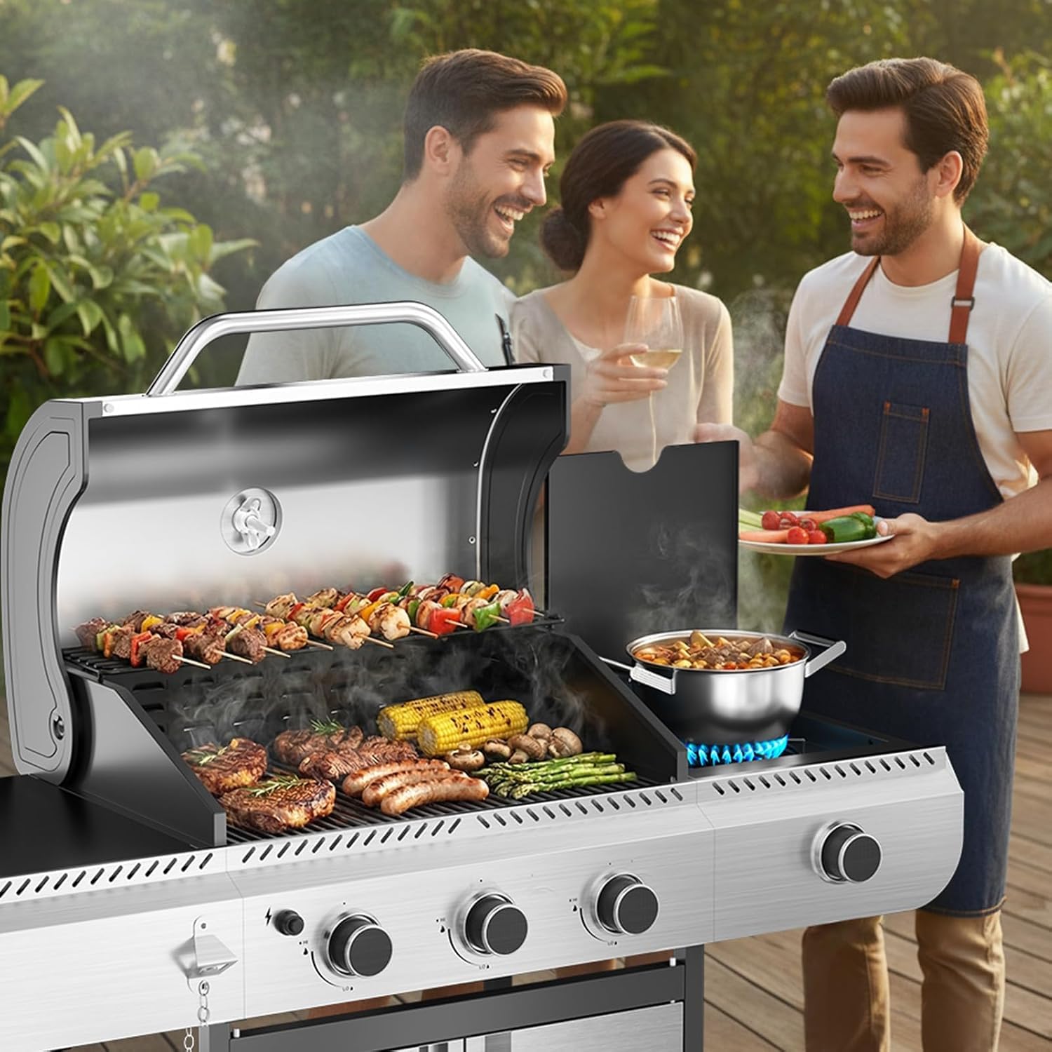 3-Burner Propane Gas Grill Stainless Steel 34000 BTU with Side Burner and Porcelain-Enameled Grates