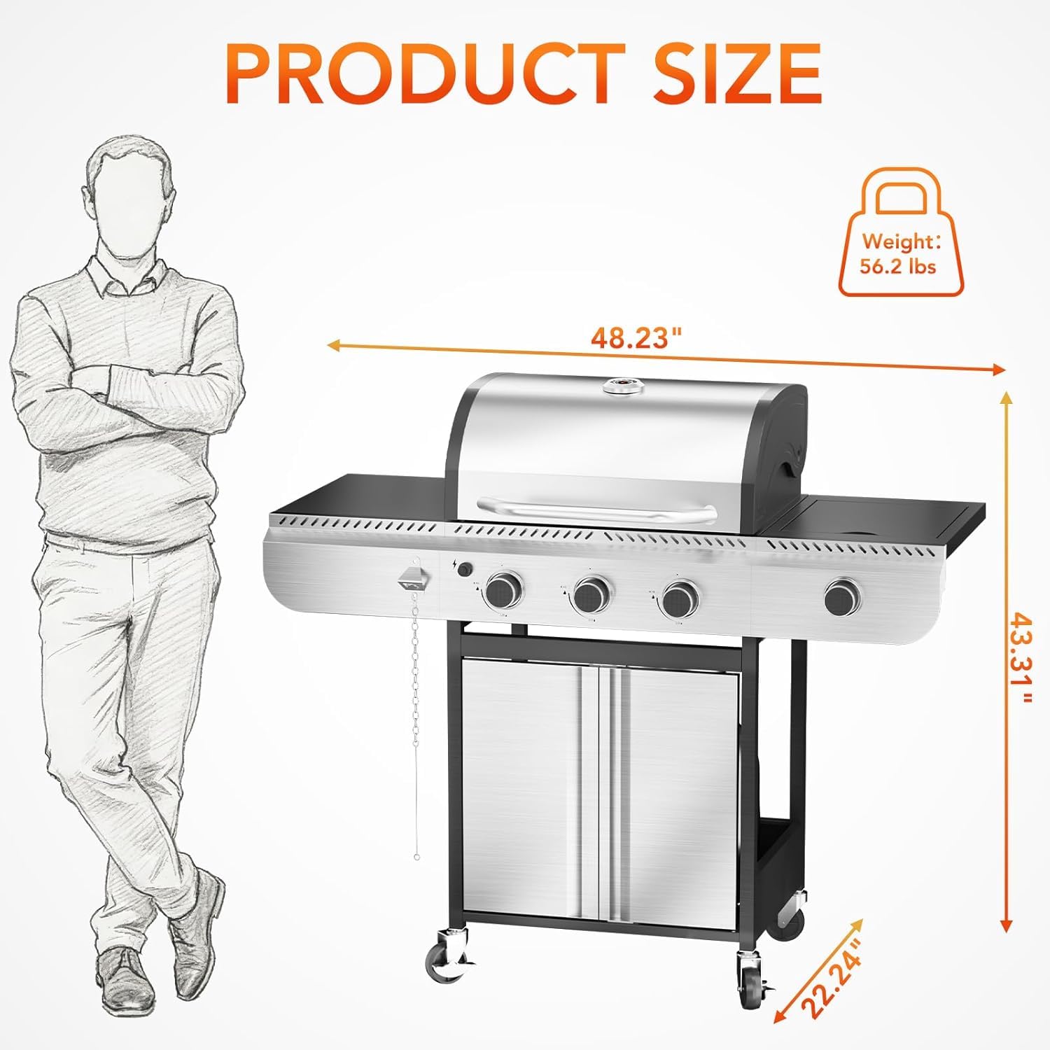 3-Burner Propane Gas Grill Stainless Steel 34000 BTU with Side Burner and Porcelain-Enameled Grates