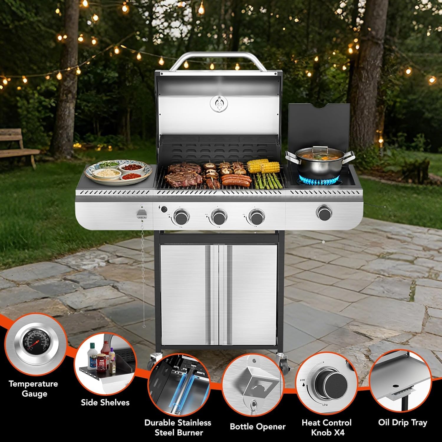 3-Burner Propane Gas Grill Stainless Steel 34000 BTU with Side Burner and Porcelain-Enameled Grates