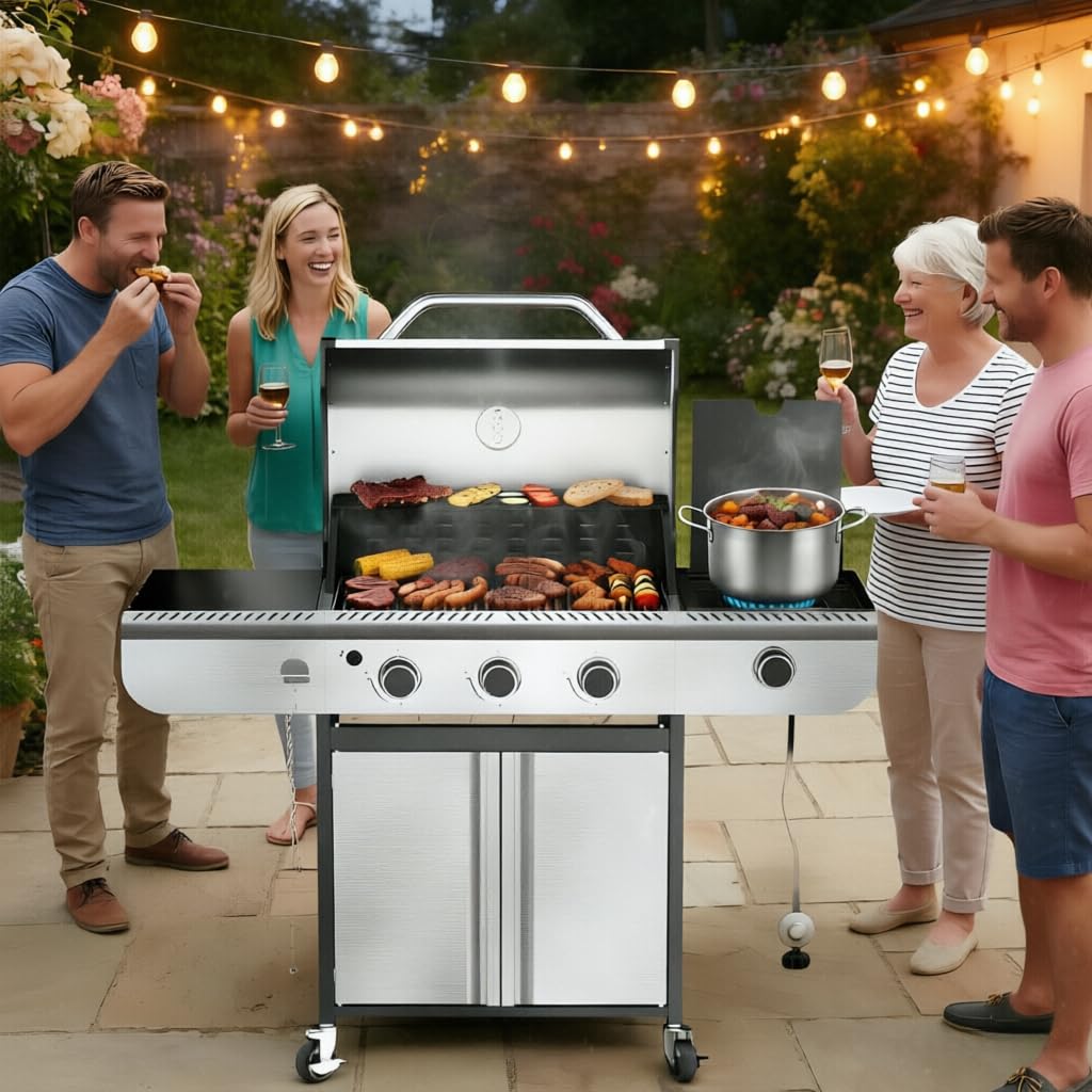 3-Burner Propane Gas Grill Stainless Steel 34000 BTU with Side Burner and Porcelain-Enameled Grates
