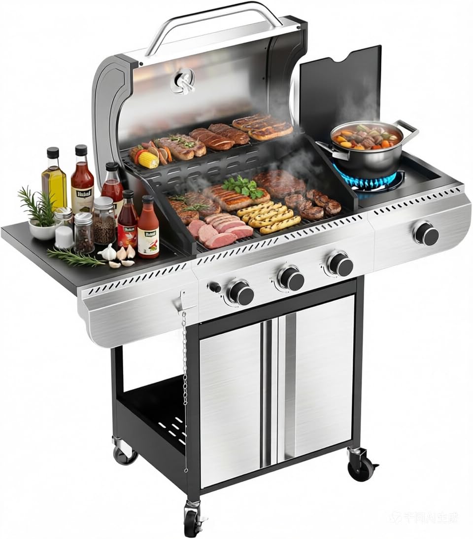3-Burner Propane Gas Grill Stainless Steel 34000 BTU with Side Burner and Porcelain-Enameled Grates