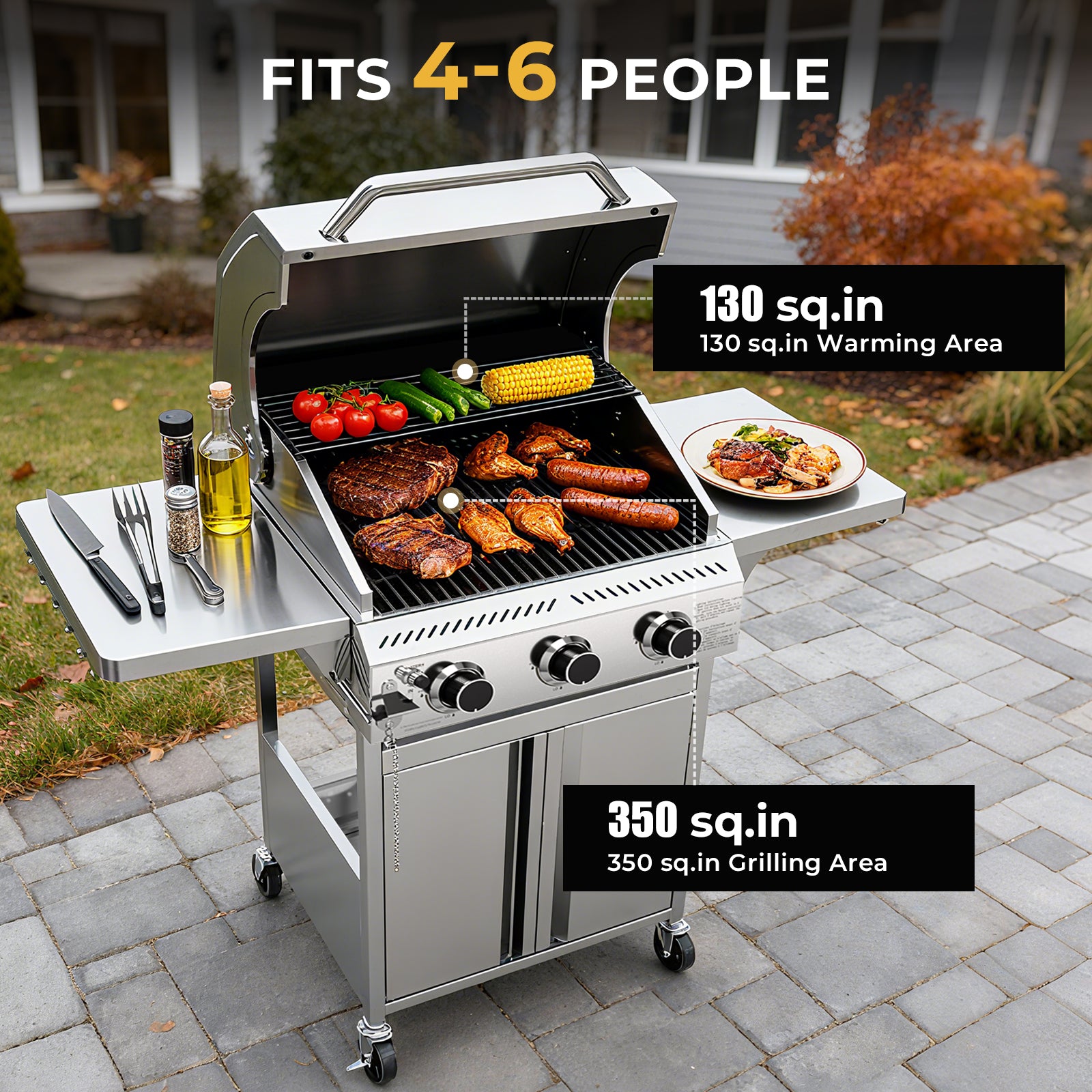 R.W.FLAME 3-Burner 24,000 BTU Stainless Steel Gas Grill with Folding Side Tables for Barbecue Camping