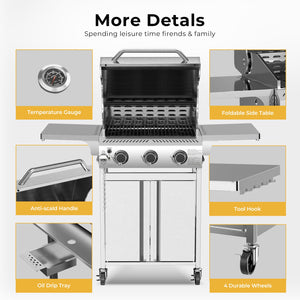 R.W.FLAME 3-Burner 24,000 BTU Stainless Steel Gas Grill with Folding Side Tables for Barbecue Camping R.W.FLAME