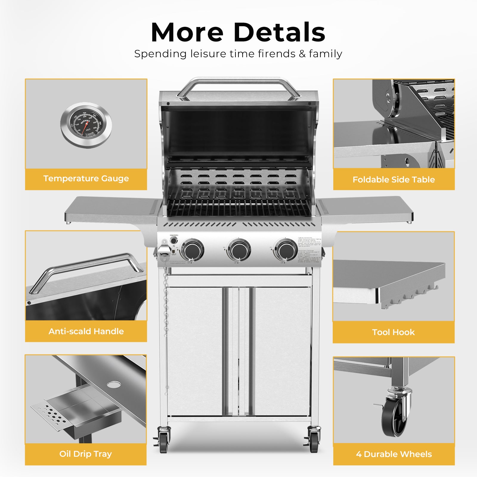 R.W.FLAME 3-Burner 24,000 BTU Stainless Steel Gas Grill with Folding Side Tables for Barbecue Camping