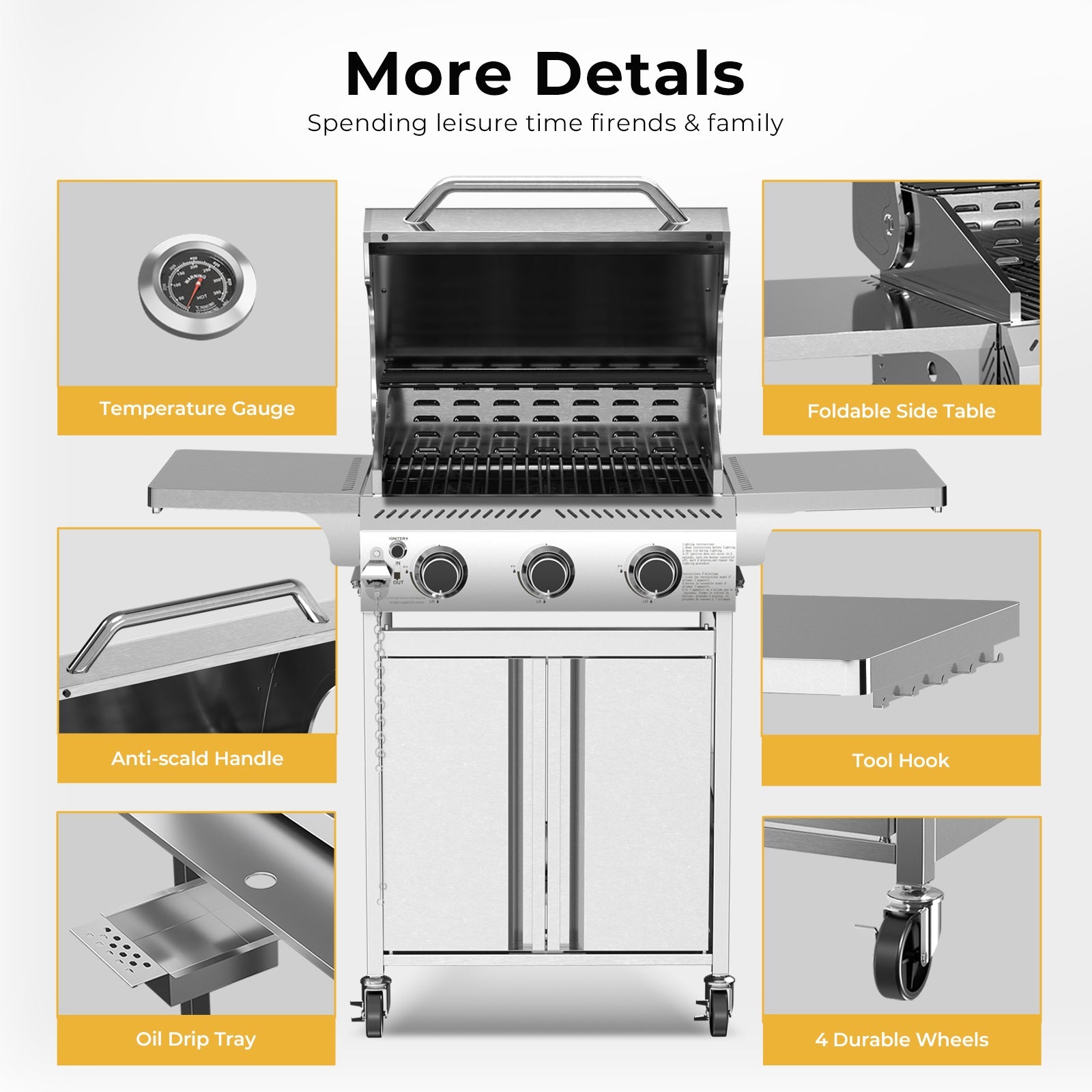 R.W.FLAME 3-Burner 24,000 BTU Stainless Steel Gas Grill with Folding Side Tables for Barbecue Camping R.W.FLAME