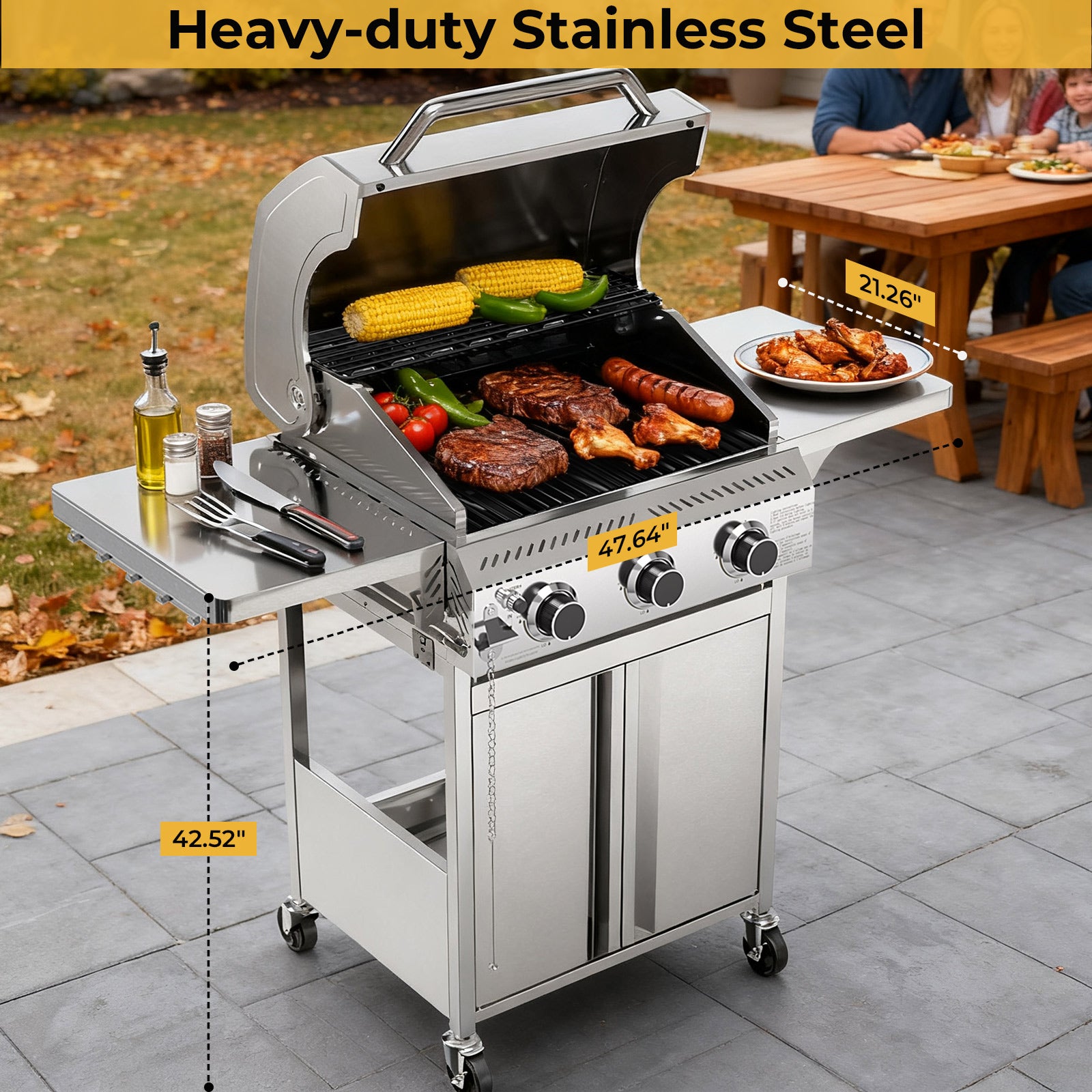 R.W.FLAME 3-Burner 24,000 BTU Stainless Steel Gas Grill with Folding Side Tables for Barbecue Camping