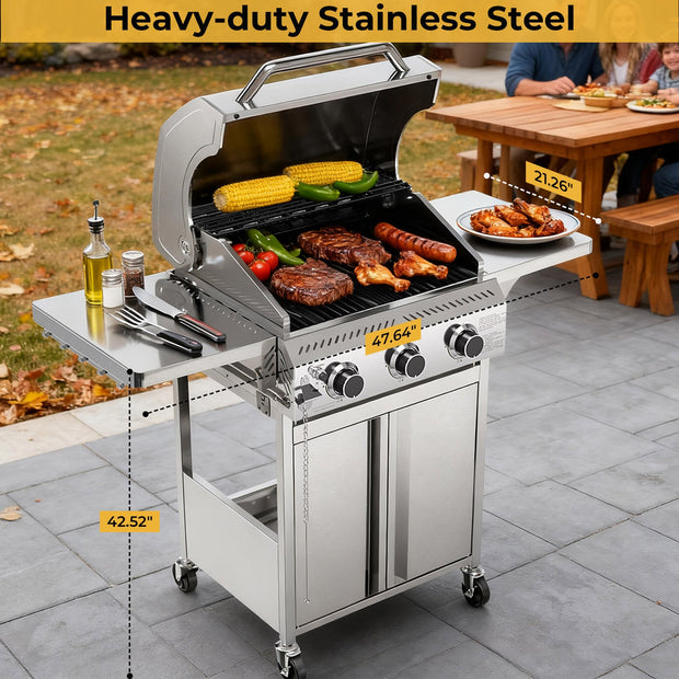 R.W.FLAME 3-Burner Gas Grill 24,000 BTU - Stainless Steel Propane BBQ ...