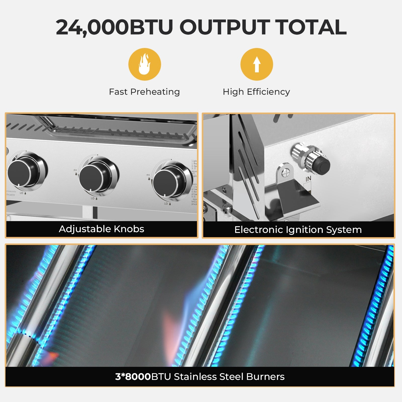 R.W.FLAME 3-Burner 24,000 BTU Stainless Steel Gas Grill with Folding Side Tables for Barbecue Camping R.W.FLAME