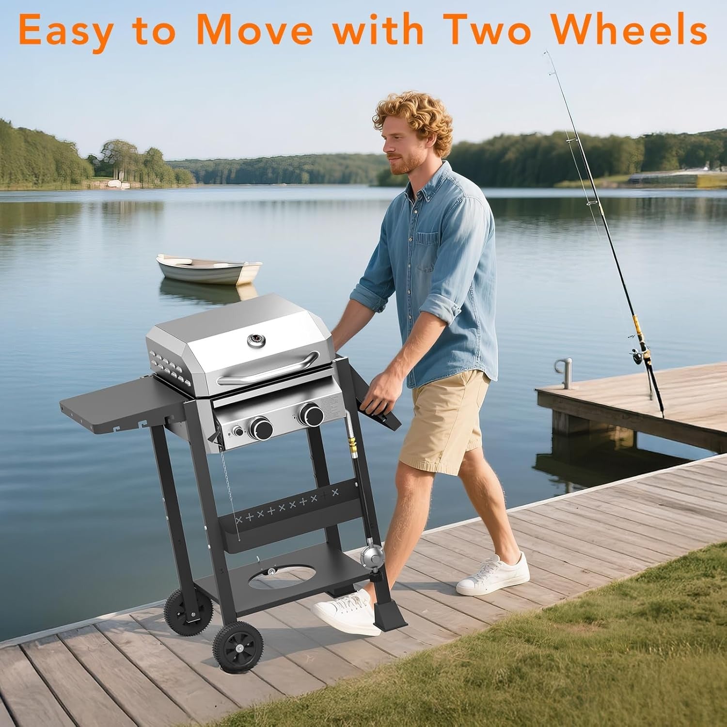 Propane Gas BBQ Grill 2-Burner Barbecue Grills with Cast Iron Frying Pan and Grates Combo, 16000 BTU Output Stainless Steel Grill for Outdoor Cooking, Patio, Backyard Party