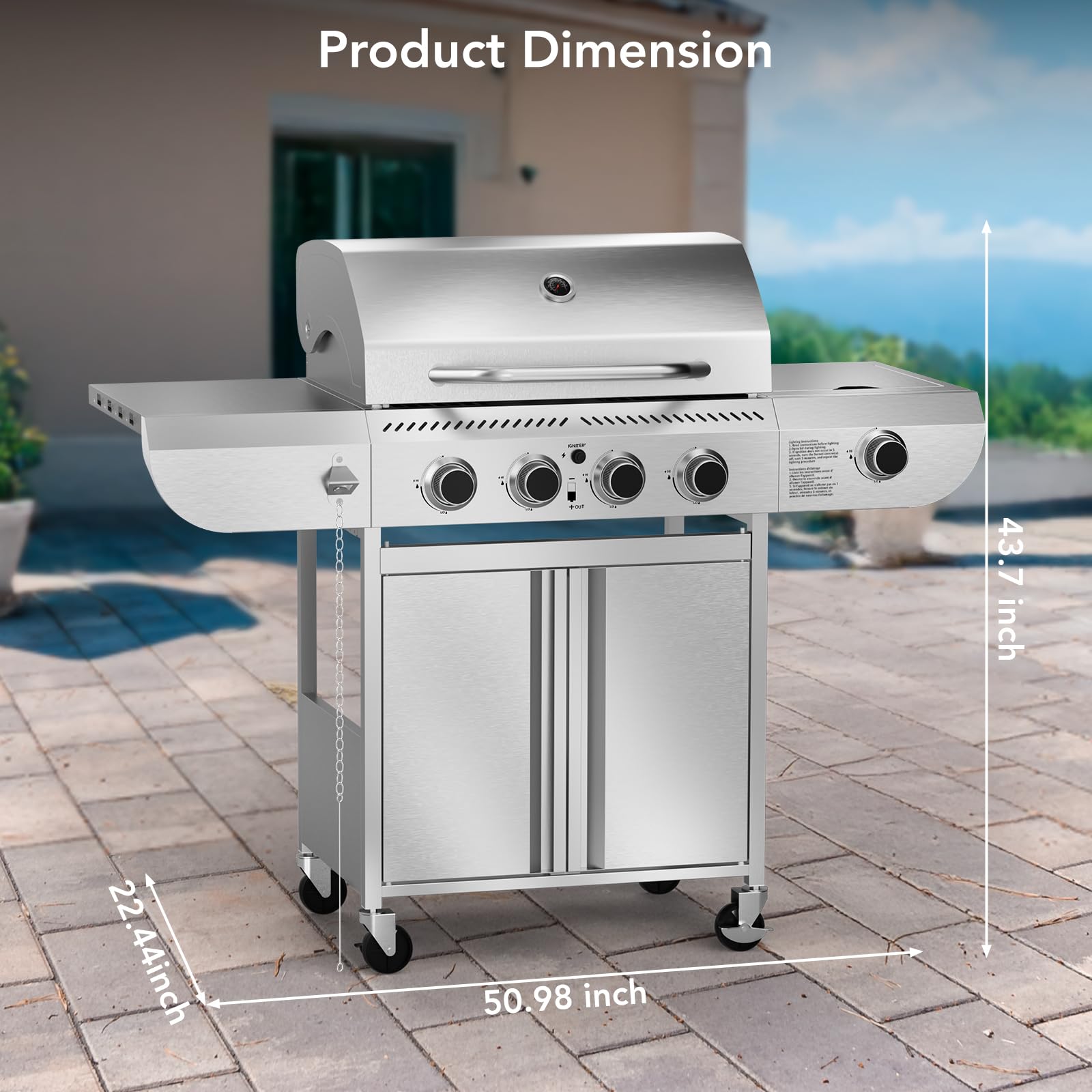 4-Burner Propane Gas Grill Stainless Steel 42000 BTU with Side Burner
