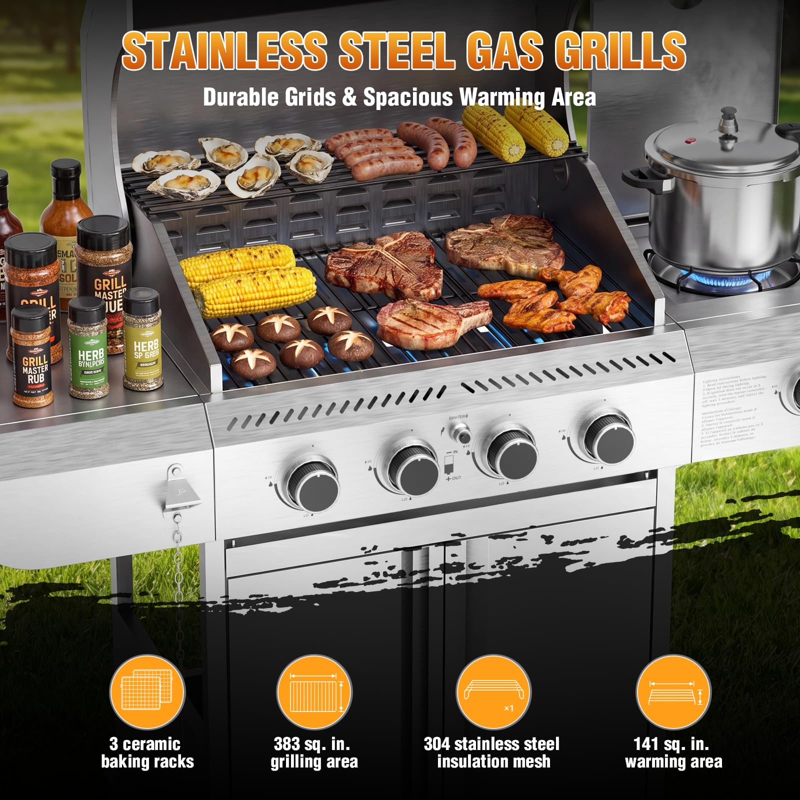 4-Burner Propane Gas Grill Stainless Steel 42000 BTU with Side Burner
