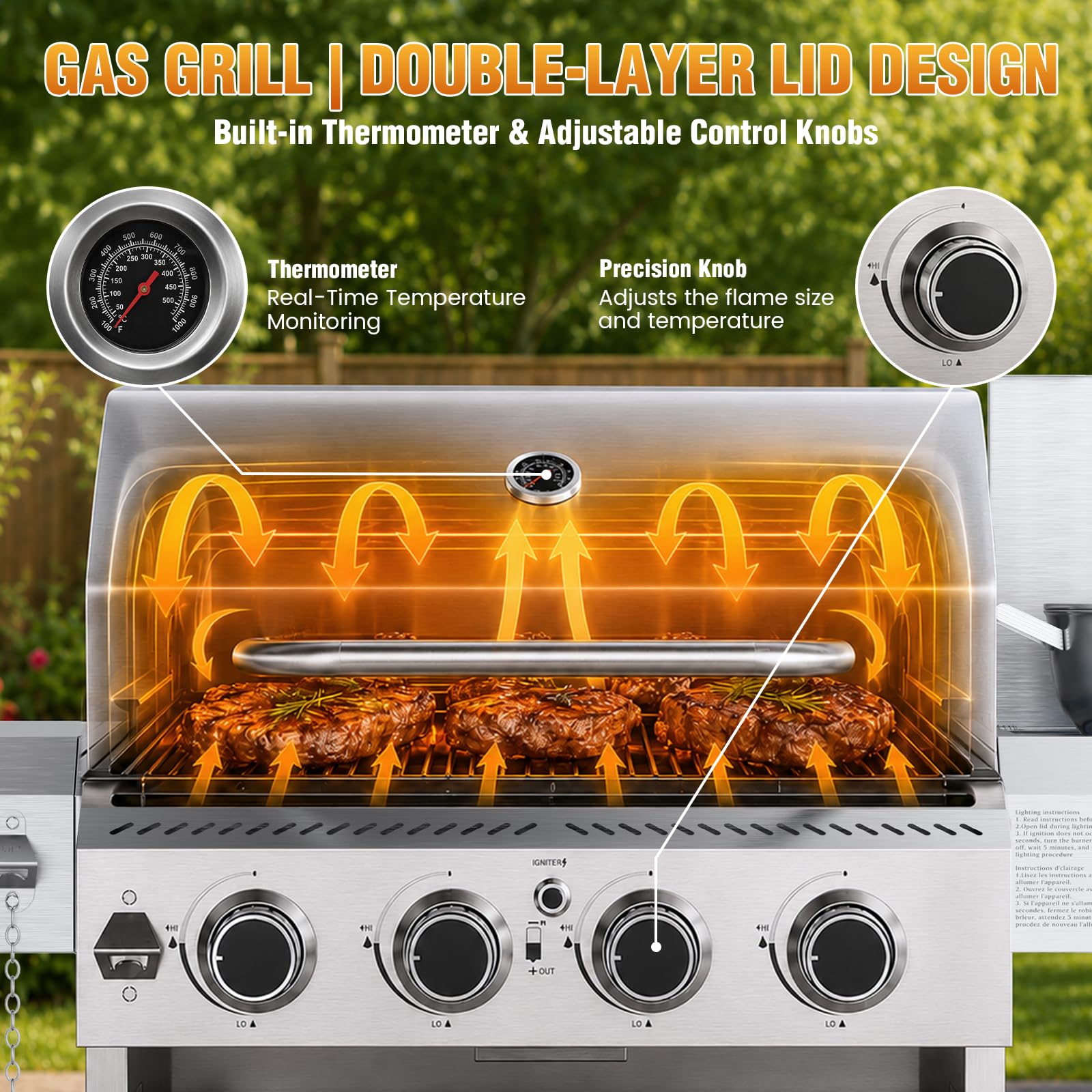 4-Burner Propane Gas Grill Stainless Steel 42000 BTU with Side Burner