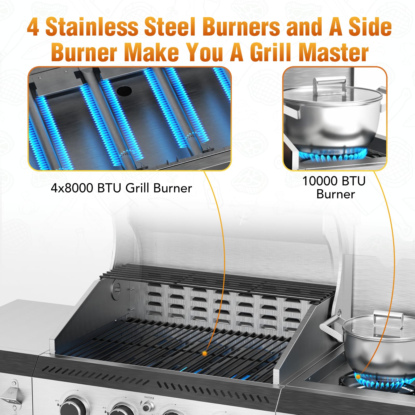4-Burner Propane Gas Grill Stainless Steel 42000 BTU with Side Burner
