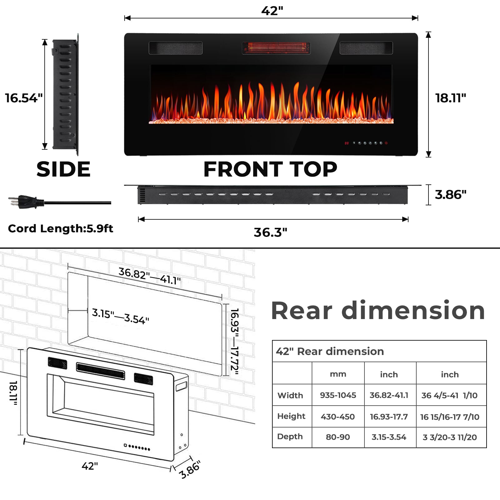 R.W.FLAME 30-68 Inch Recessed and Wall Mounted Electric Fireplace with Remote Control Adjustable Flame Color and Speed, 750-1500W