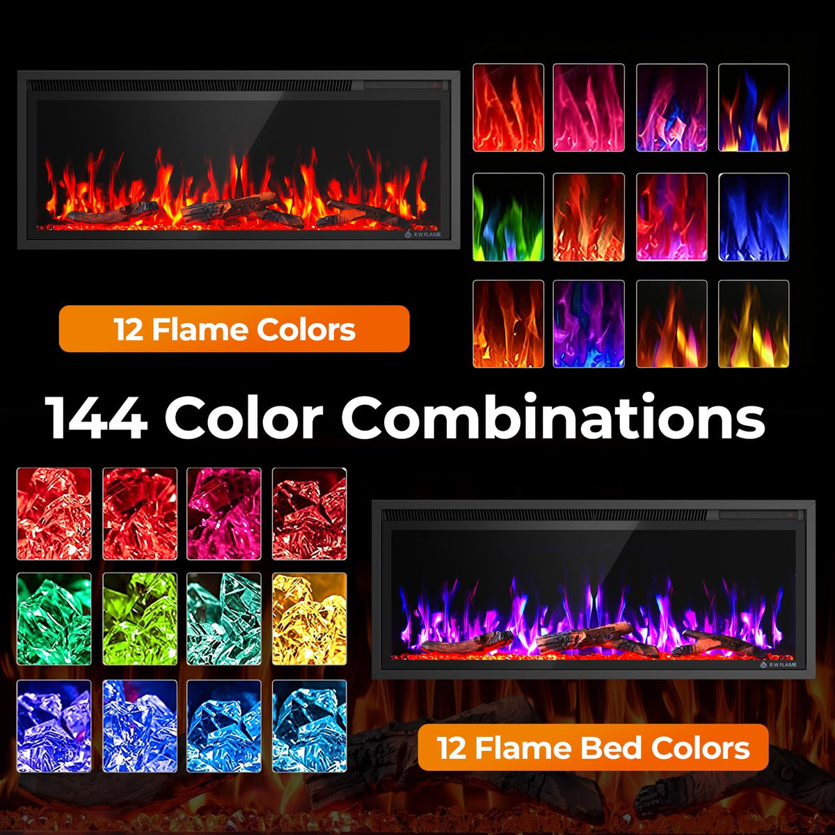 36/42/50/60 Inch Smart Electric Fireplace Recessed Wall Mounted Alexa/WiFi Enabled C4