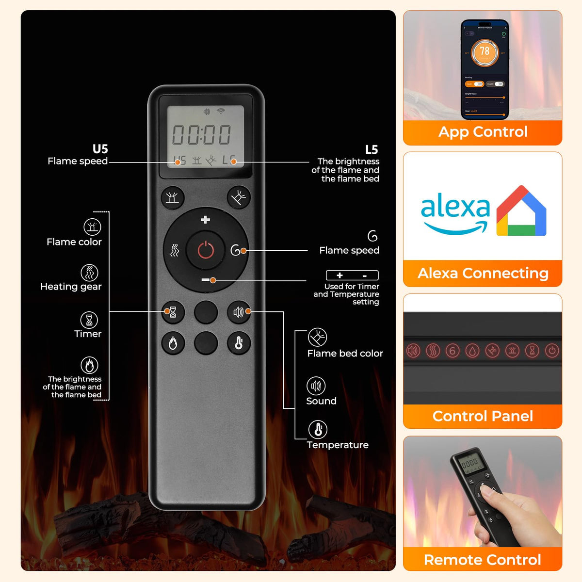 36/42/50/60 Inch Smart Electric Fireplace Recessed Wall Mounted Alexa/WiFi Enabled C4