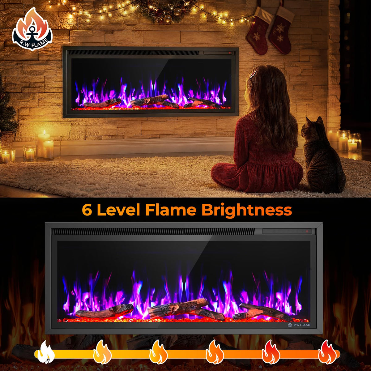 36/42/50/60 Inch Smart Electric Fireplace Recessed Wall Mounted Alexa/WiFi Enabled C4
