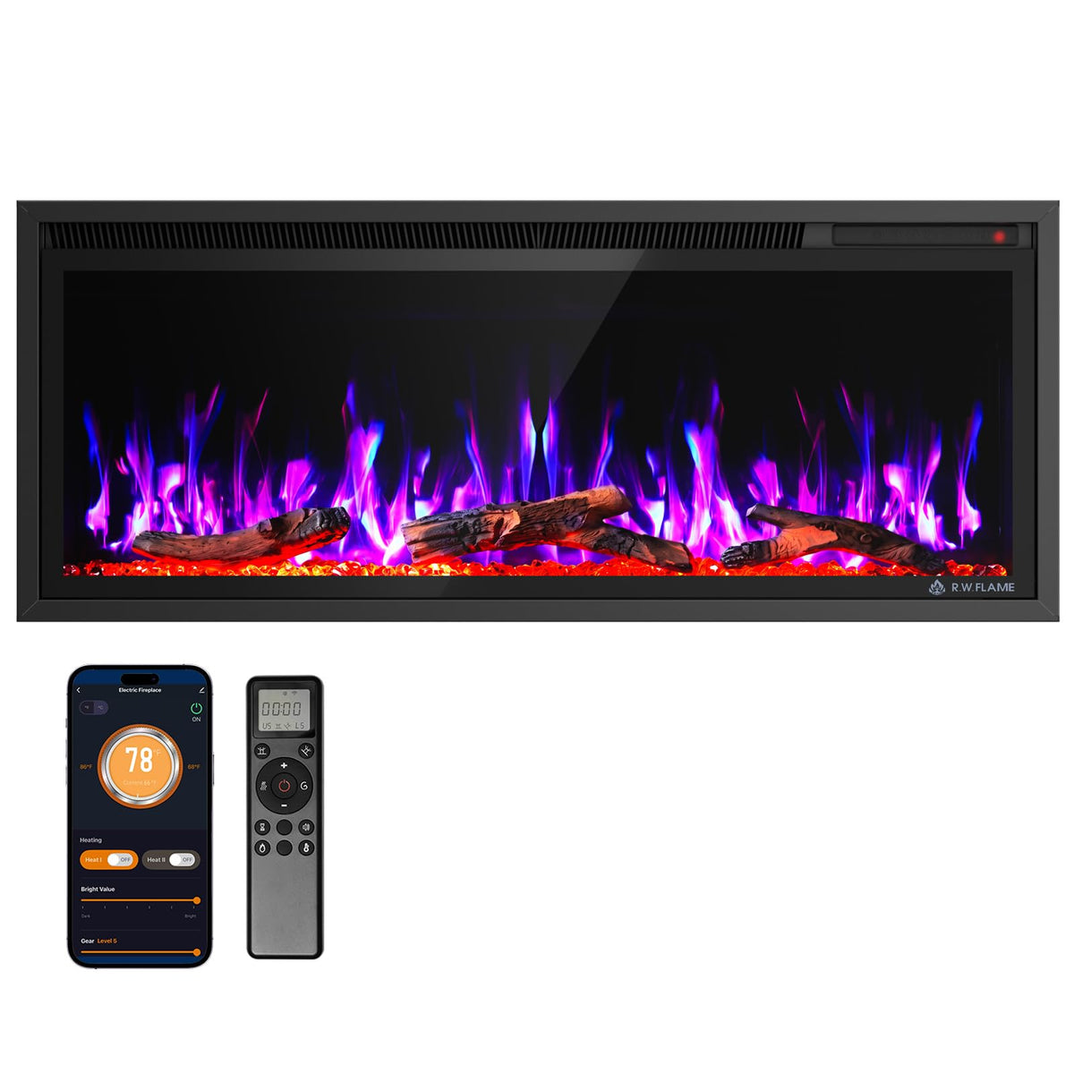 36/42/50/60 Inch Smart Electric Fireplace Recessed Wall Mounted Alexa/WiFi Enabled C4