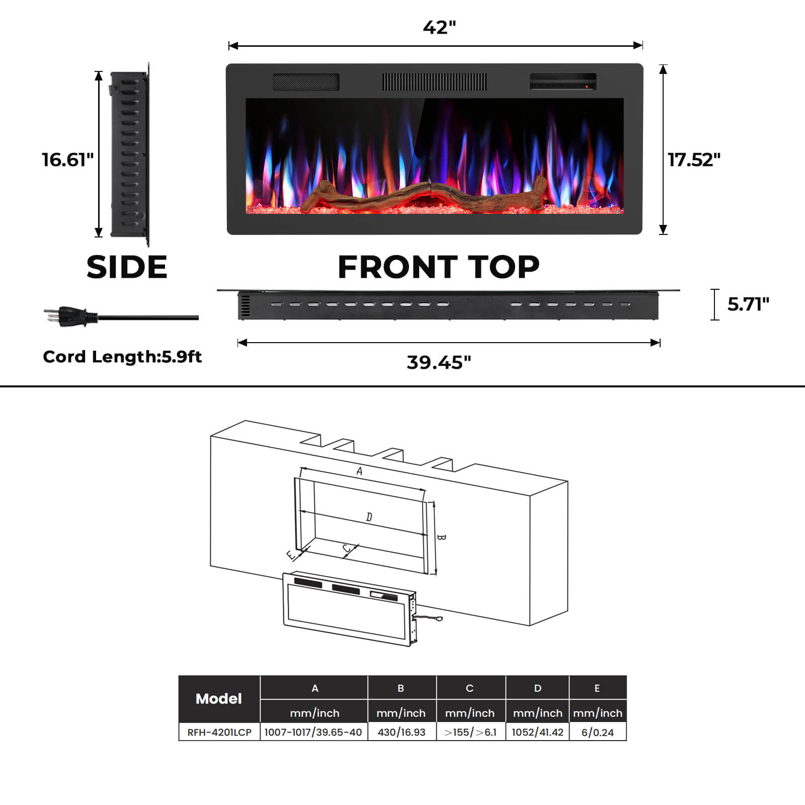 R.W.FLAME 42/50/60 Inch Smart Electric Fireplace Recessed Wall Mounted Alexa/WiFi Enabled APP Control C6