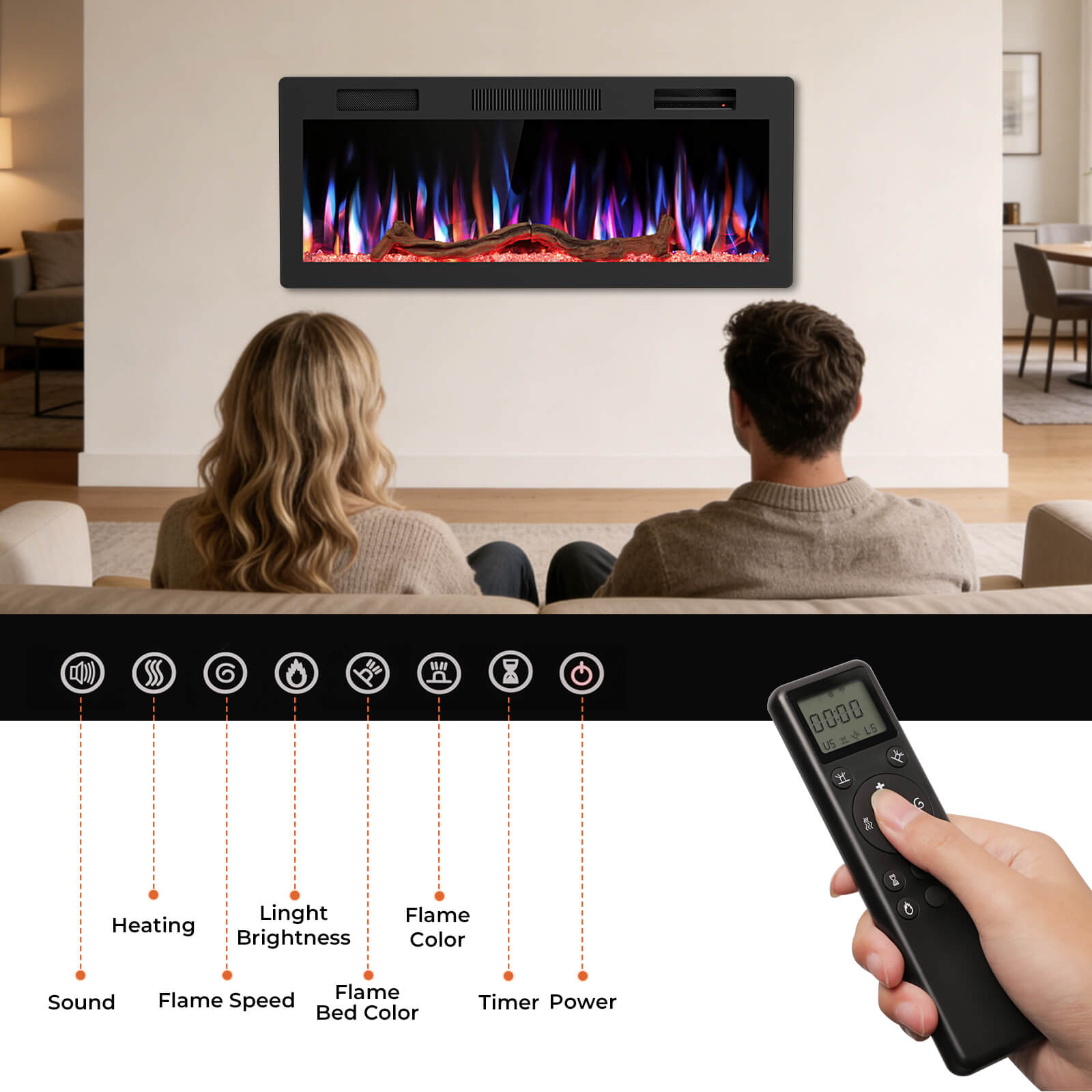 R.W.FLAME 42/50/60 Inch Smart Electric Fireplace Recessed Wall Mounted Alexa/WiFi Enabled APP Control C6