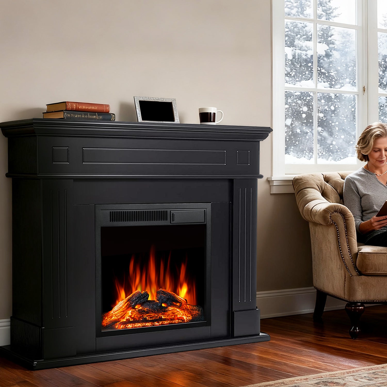 R.W.FLAME 43" Electric Fireplace Mantel Wooden Surround Firebox with 7 Adjustable Led Flame 750W/1500W