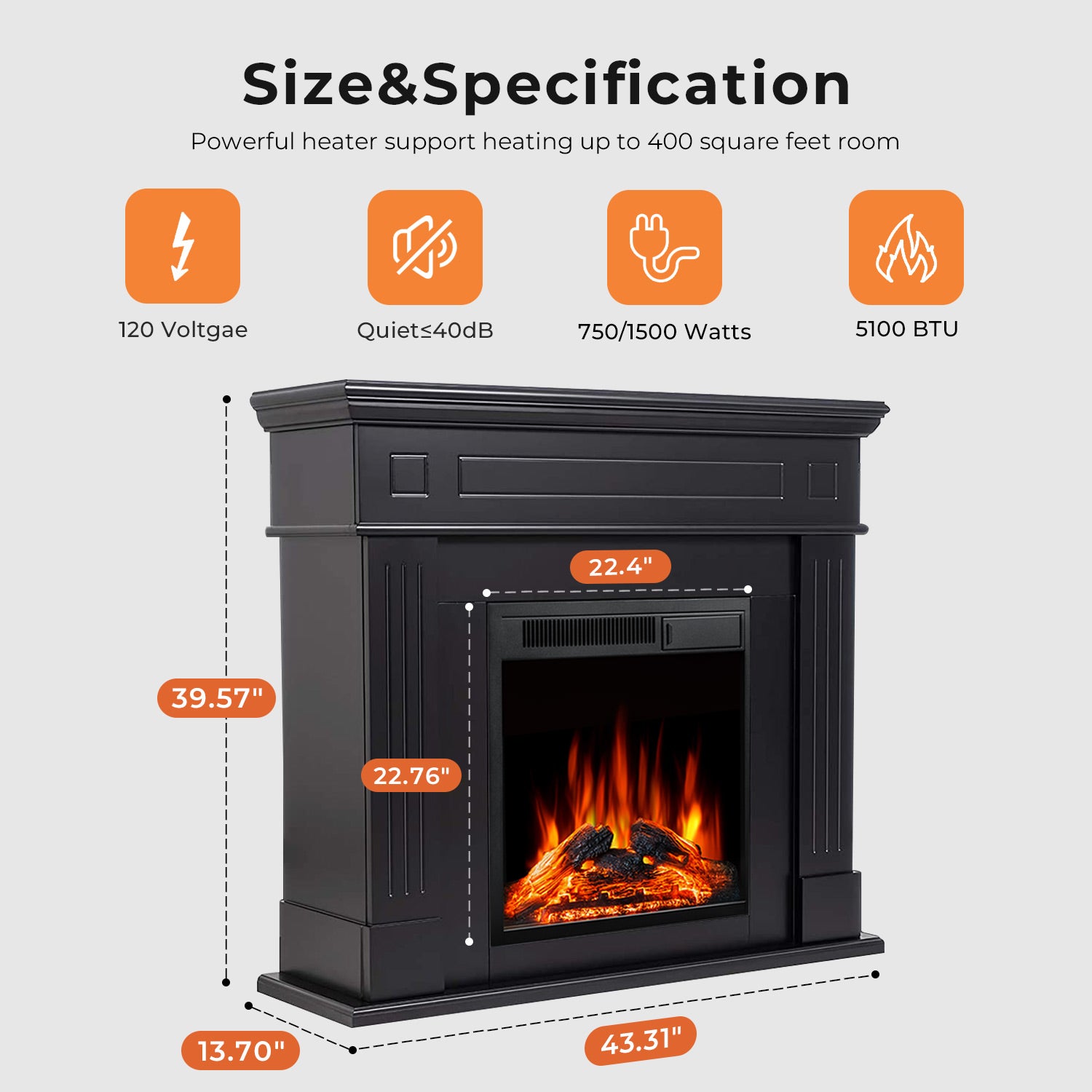 R.W.FLAME 43" Electric Fireplace Mantel Wooden Surround Firebox with 7 Adjustable Led Flame 750W/1500W