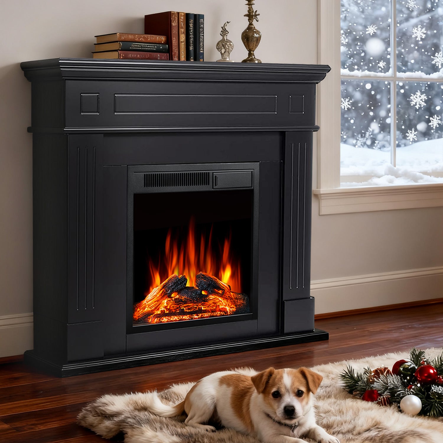 R.W.FLAME 43" Electric Fireplace Mantel Wooden Surround Firebox with 7 Adjustable Led Flame 750W/1500W