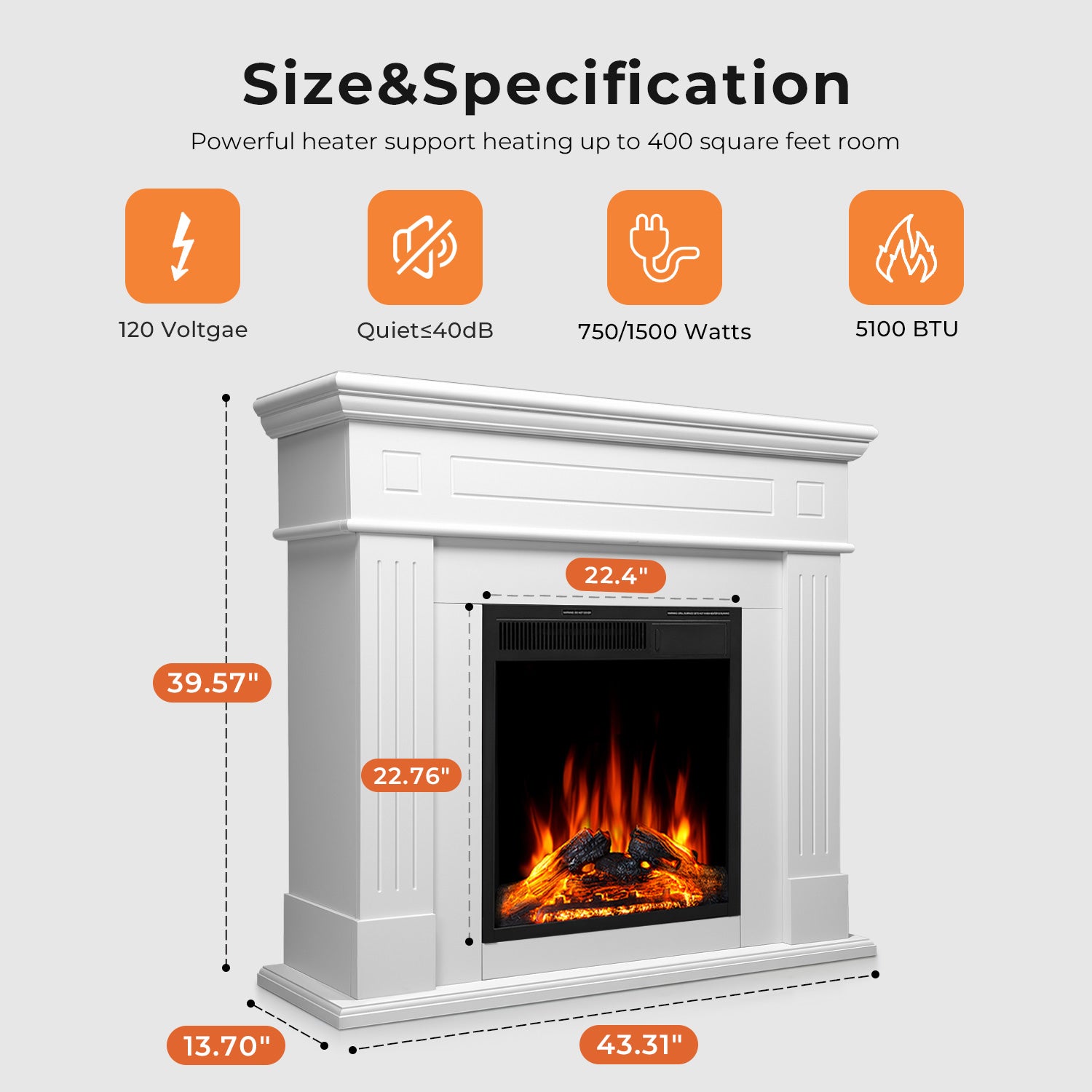 R.W.FLAME 43" Electric Fireplace Mantel Wooden Surround Firebox with 7 Adjustable Led Flame 750W/1500W