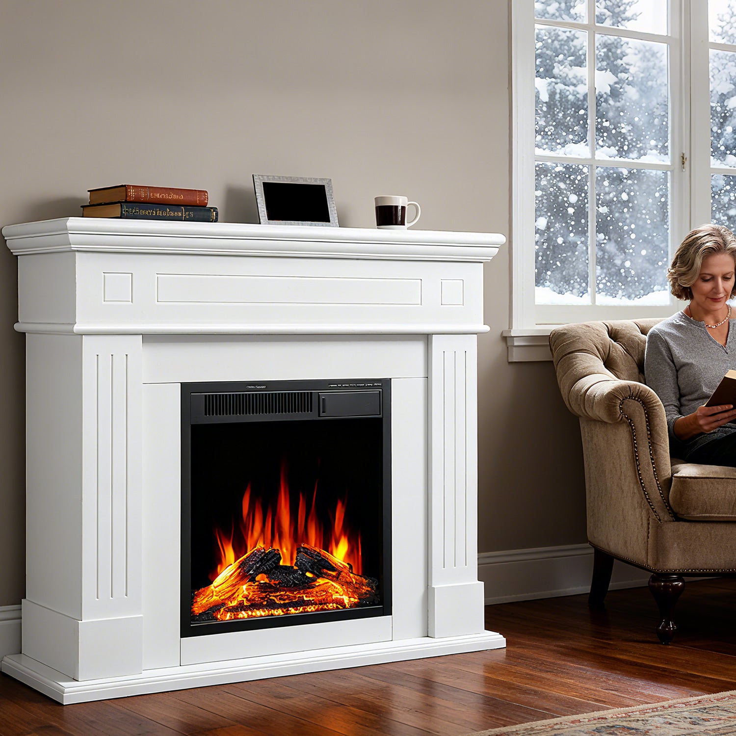 R.W.FLAME 43" Electric Fireplace Mantel Wooden Surround Firebox with 7 Adjustable Led Flame 750W/1500W