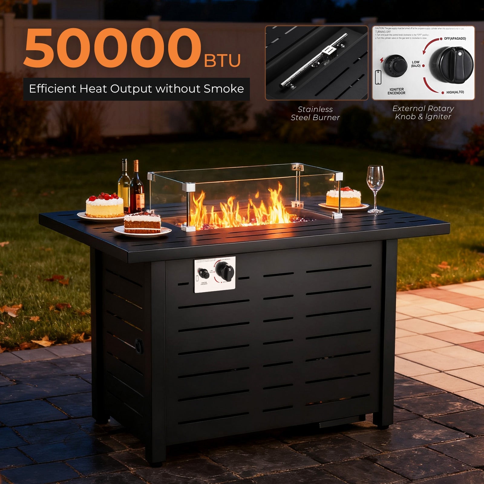 R.W.FLAME 43 Inch 50,000 BTU Square ropane Fire Pit Table with Lid and Glass Stones R.W.FLAME