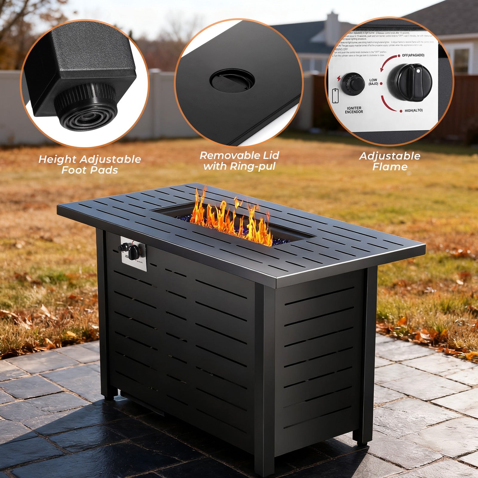 R.W.FLAME 43 Inch 50,000 BTU Square ropane Fire Pit Table with Lid and Glass Stones R.W.FLAME
