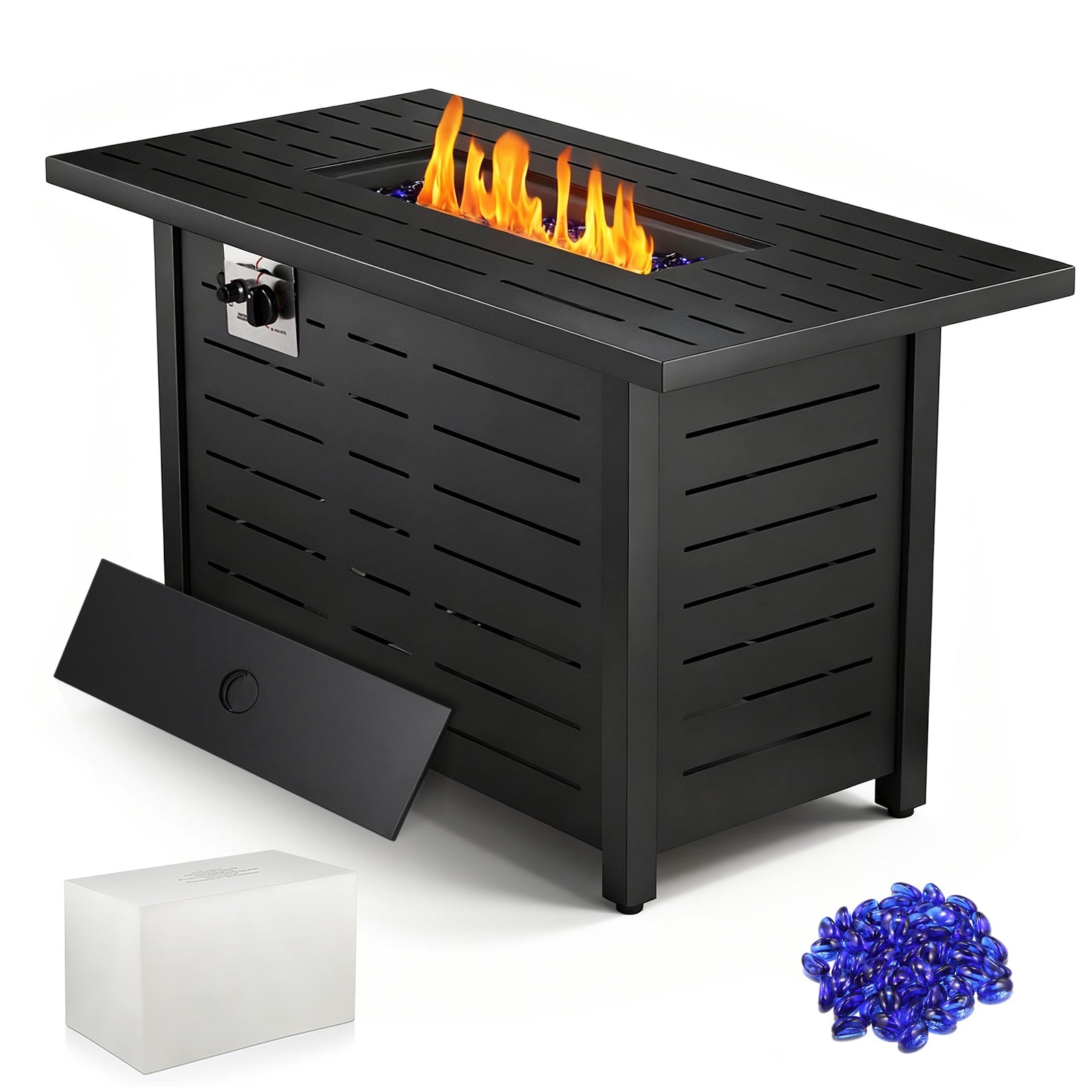 R.W.FLAME 43 Inch 50,000 BTU Square ropane Fire Pit Table with Lid and Glass Stones R.W.FLAME