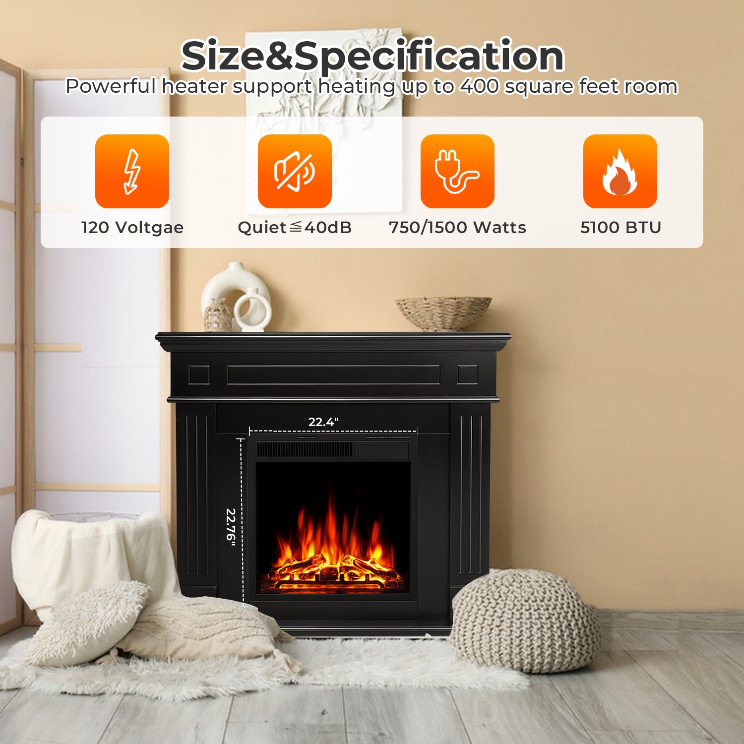 R.W.FLAME 44" Corner Freestanding Electric Fireplace with Mantel Package and Log 750-1500W