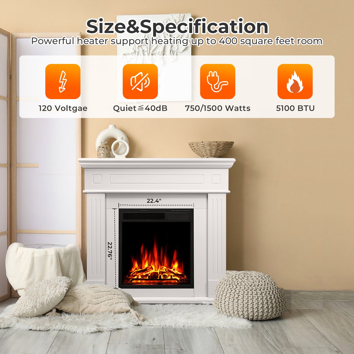 R.W.FLAME 44" Corner Freestanding Electric Fireplace with Mantel Package and Log 750-1500W