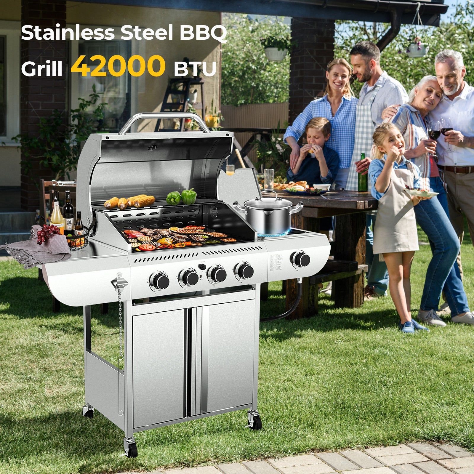 4-Burner Propane Gas Grill Stainless Steel 42000 BTU with Side Burner