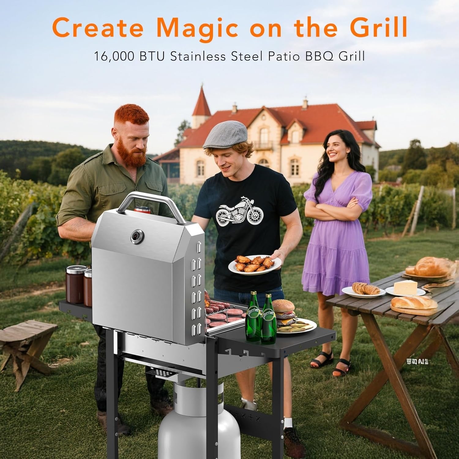 Propane Gas BBQ Grill 2-Burner Barbecue Grills with Cast Iron Frying Pan and Grates Combo, 16000 BTU Output Stainless Steel Grill for Outdoor Cooking, Patio, Backyard Party