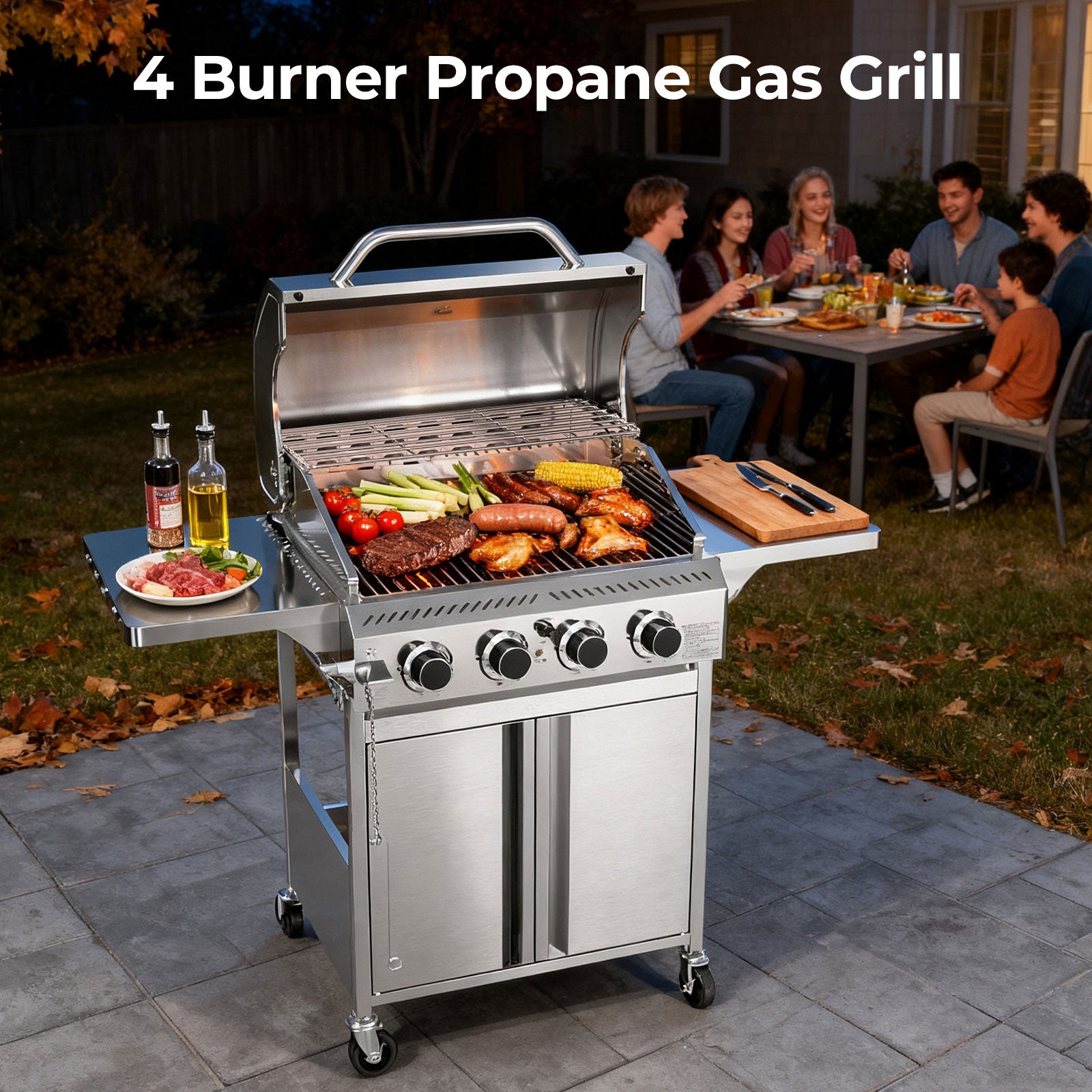 R.W.FLAME 4-Burner 32000BTU Propane Gas Grill with 304 Stainless Steel Cooking Grid and Hanging Hooks R.W.FLAME