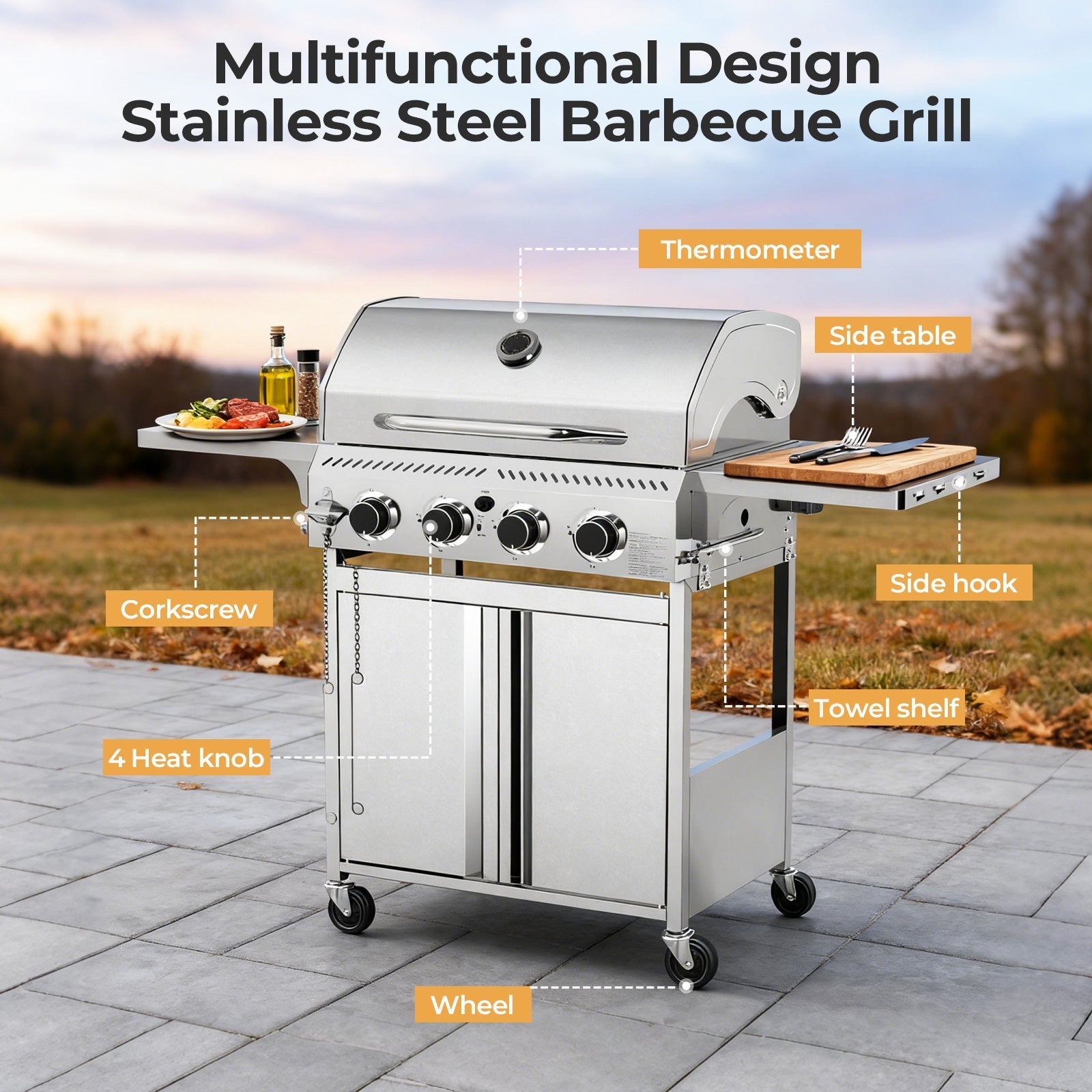 R.W.FLAME 4-Burner 32000BTU Propane Gas Grill with 304 Stainless Steel Cooking Grid and Hanging Hooks R.W.FLAME