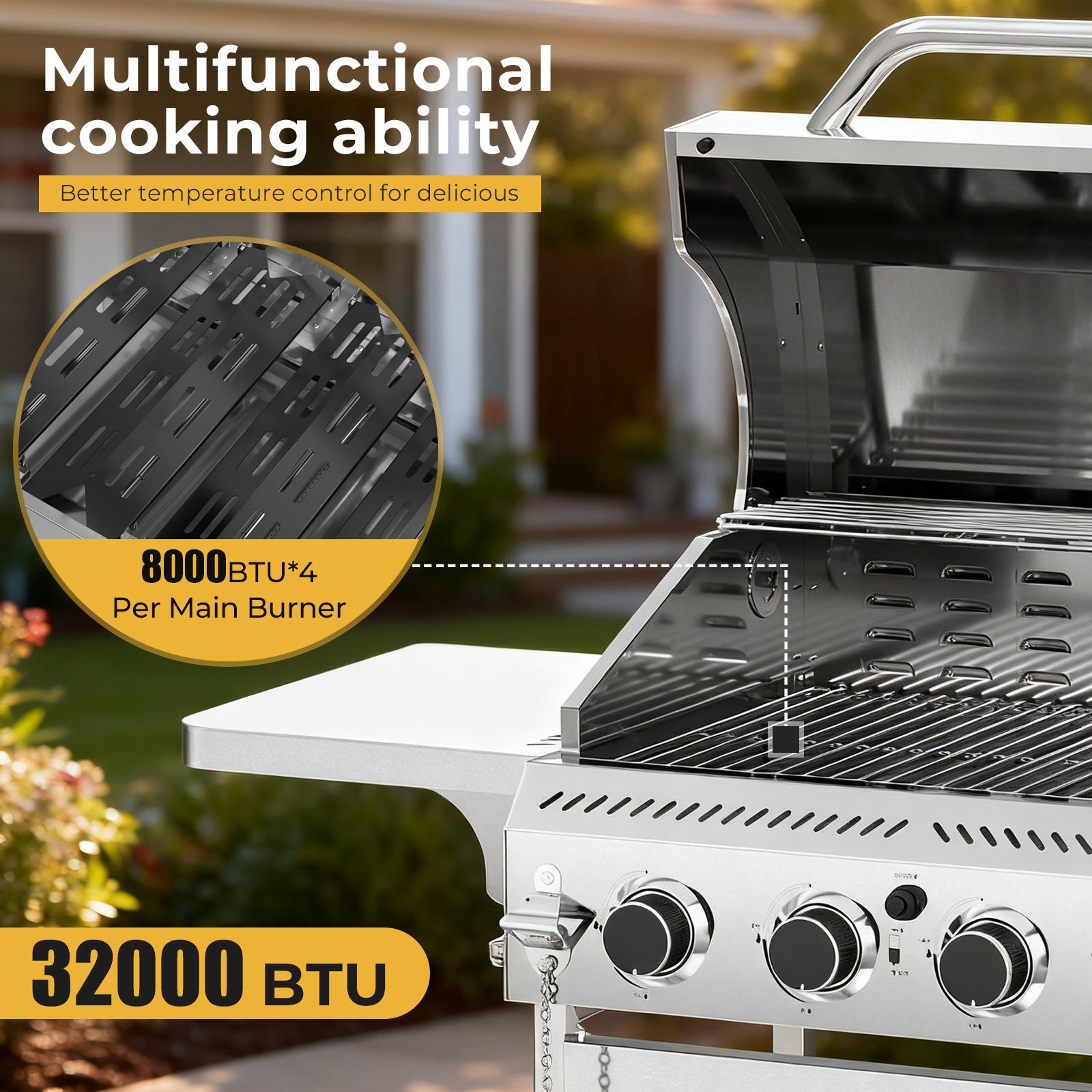 R.W.FLAME 4-Burner 32000BTU Propane Gas Grill with 304 Stainless Steel Cooking Grid and Hanging Hooks