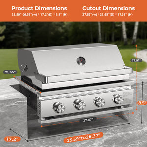 R.W.FLAME 4-Burner 32,000 BTU Propane Gas Grill Tabletop ALL-Thickened 304 Stainless Steel