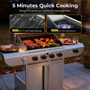 R.W.FLAME 4-Burner 42000 BTU Propane Gas Grill with Side Burners Stainless Steel for Patio Yard